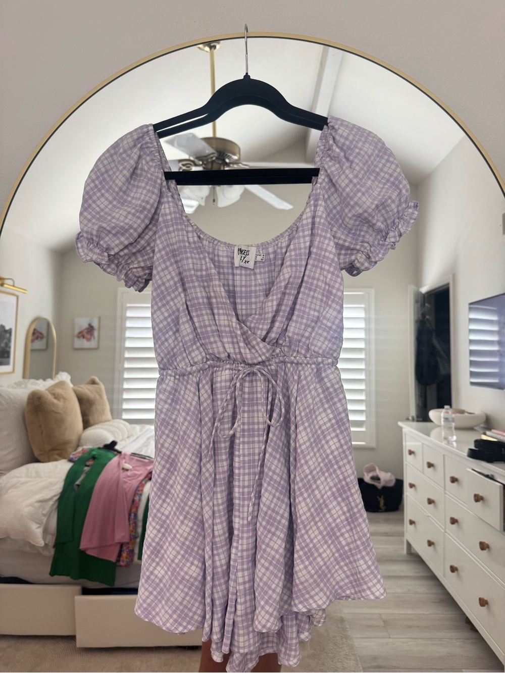 Princess Polly Lavender Plaid Puff-Sleeve Mini Dress